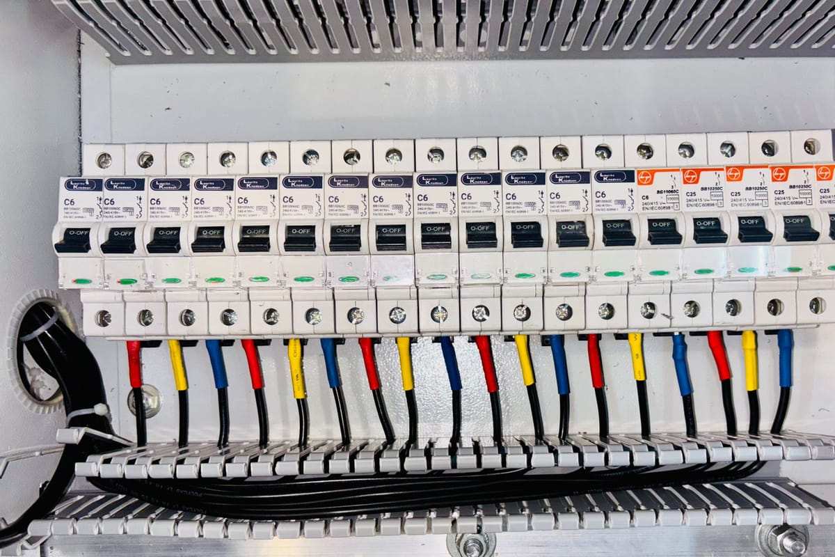 Moduliniai automatiniai jungikliai ant DIN bėgio su prijungtais spalvotais laidais
