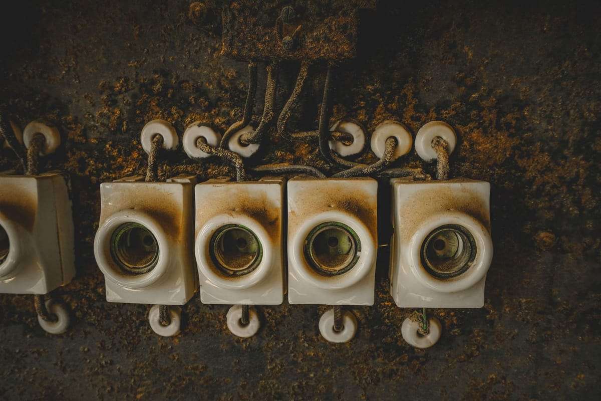 Seni porcelianiniai elektros instaliacijos elementai su apdegusiais kraštais ant surūdijusio pagrindo
