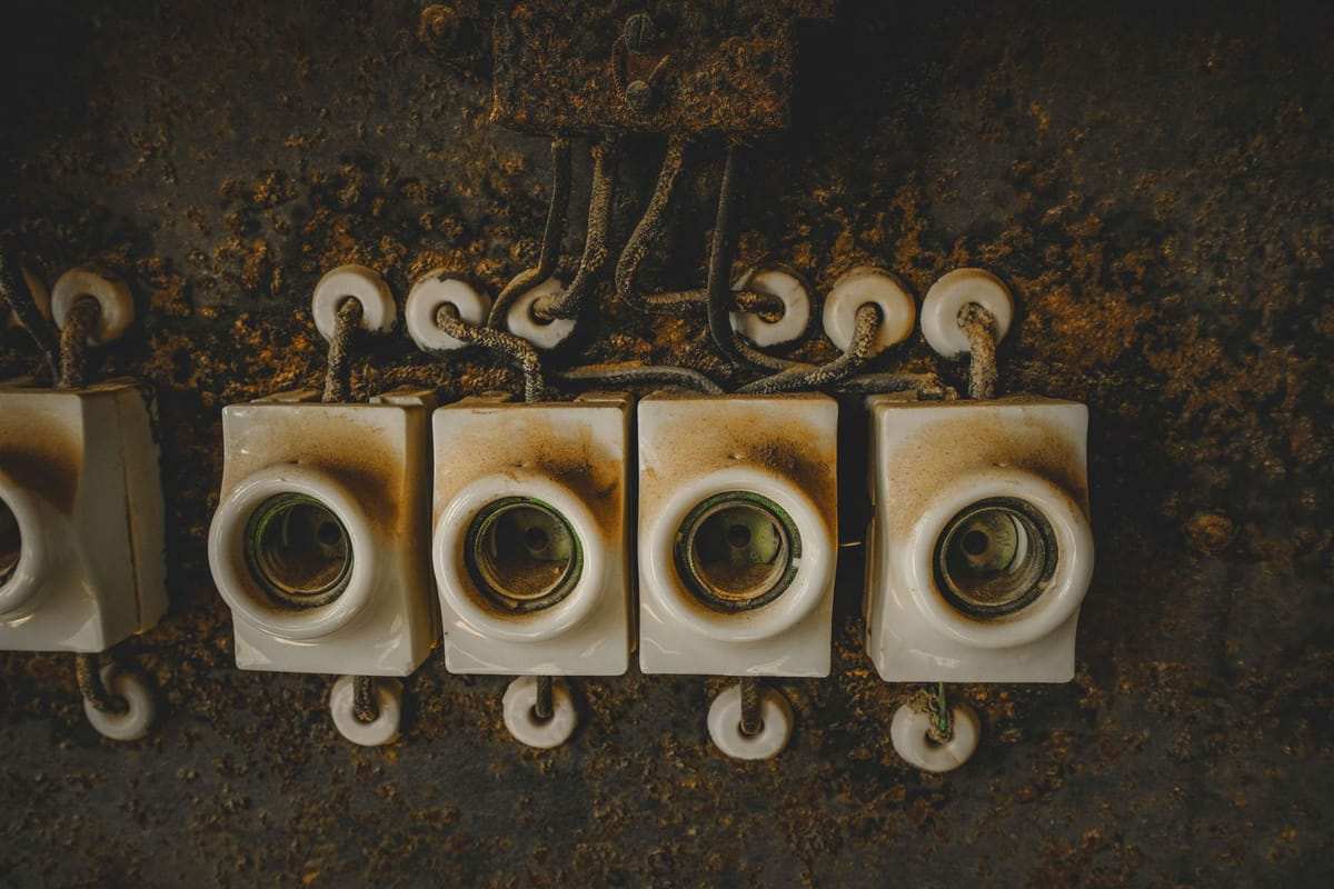 Seni porcelianiniai elektros instaliacijos elementai su apdegusiais kraštais ant surūdijusio pagrindo